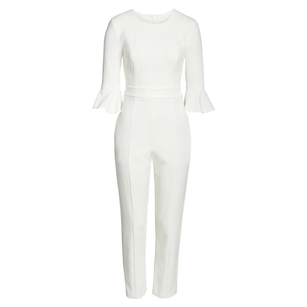 BLACK HALO Jumpsuit Womens Size 10 Off White 3/4 Bell Sleeve Zip Up BROOKLYN